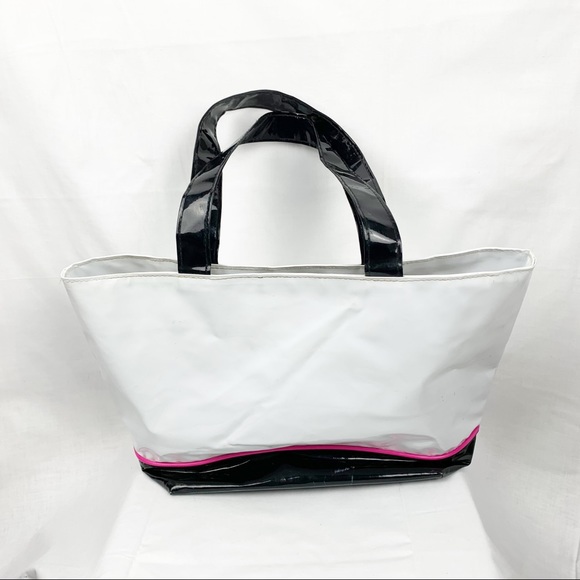 Retro 1960’s Style Vinyl Tote Bag Black White Pink Polka Dot Lining Monogram - Picture 8 of 8